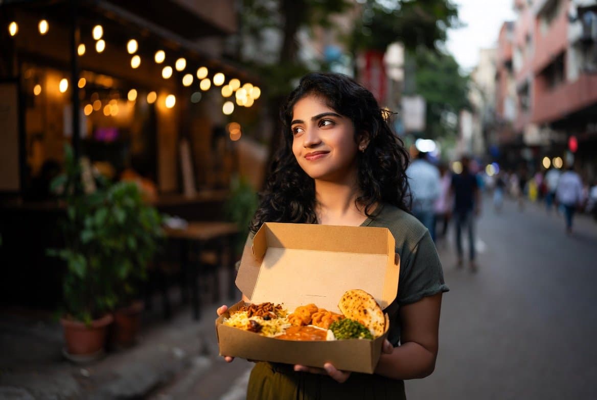 A young woman on a Hyderabad street holding a takeaway box of rescued biryani, curry and naan