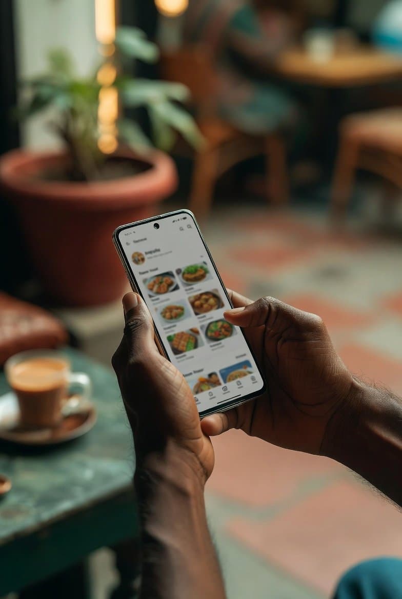 A person holding a smartphone in a cafe, browsing rescued meals on the ResQBox app