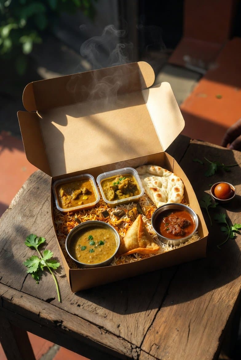 An overhead flatlay of a ResQBox Meal Box showing a variety of rescued Indian dishes