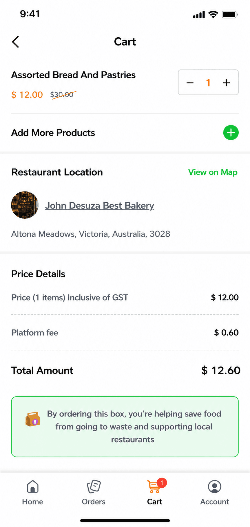 Cart and checkout screen with order summary and payment options