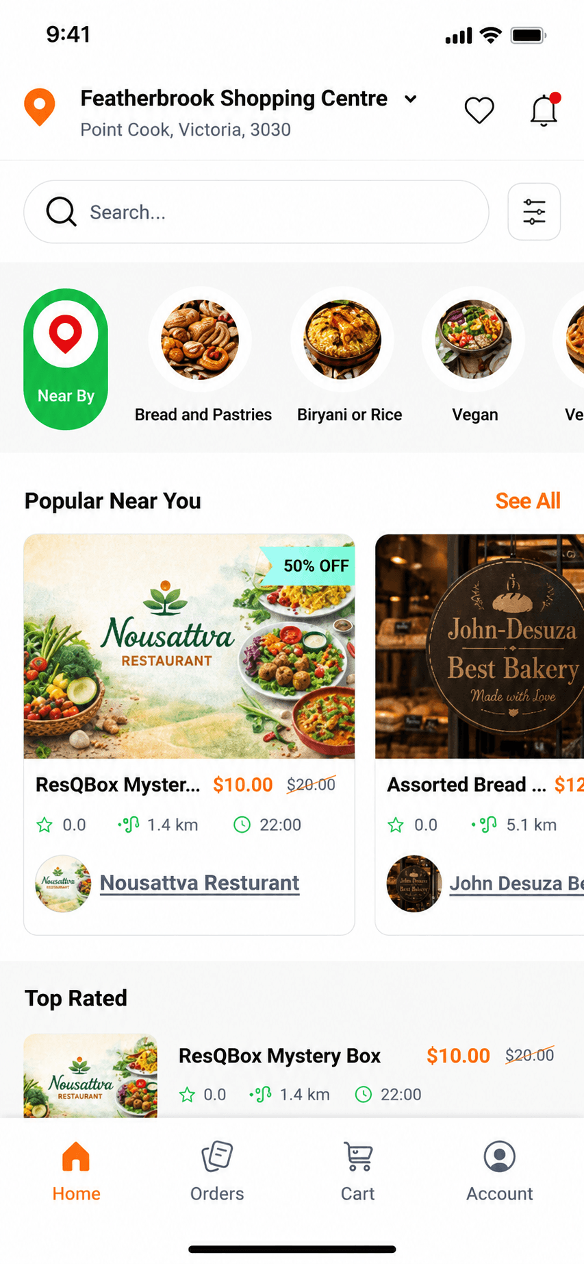 Customer app home screen showing restaurants near you and rescued food deals