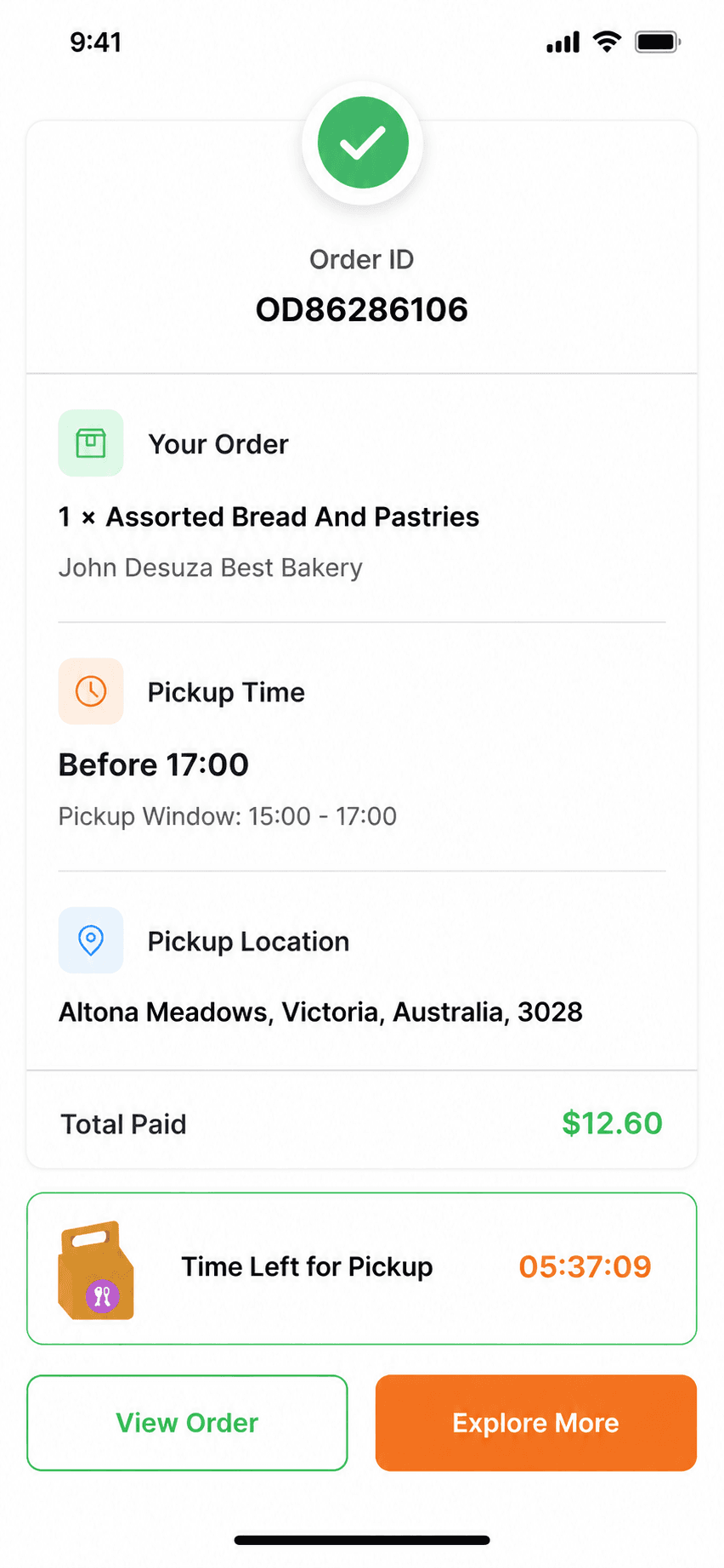 Order confirmation screen with pickup details, order ID and countdown
