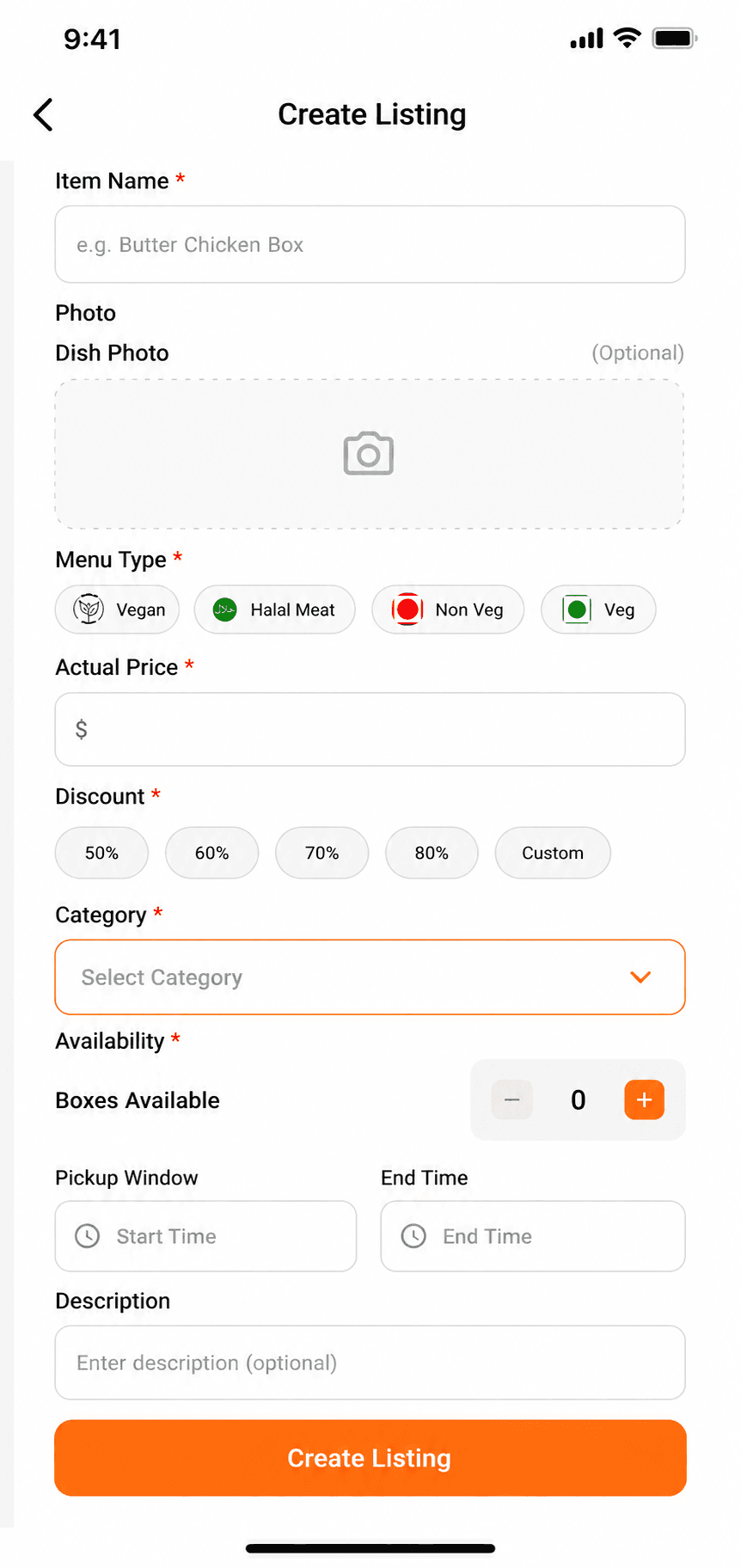 Create listing form showing item name, photo, dietary type, pricing tiers and pickup window