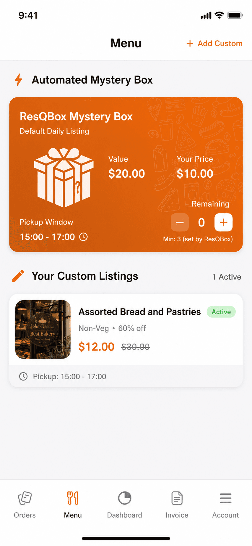 Active listings screen showing today's Meal Box and Custom Box items