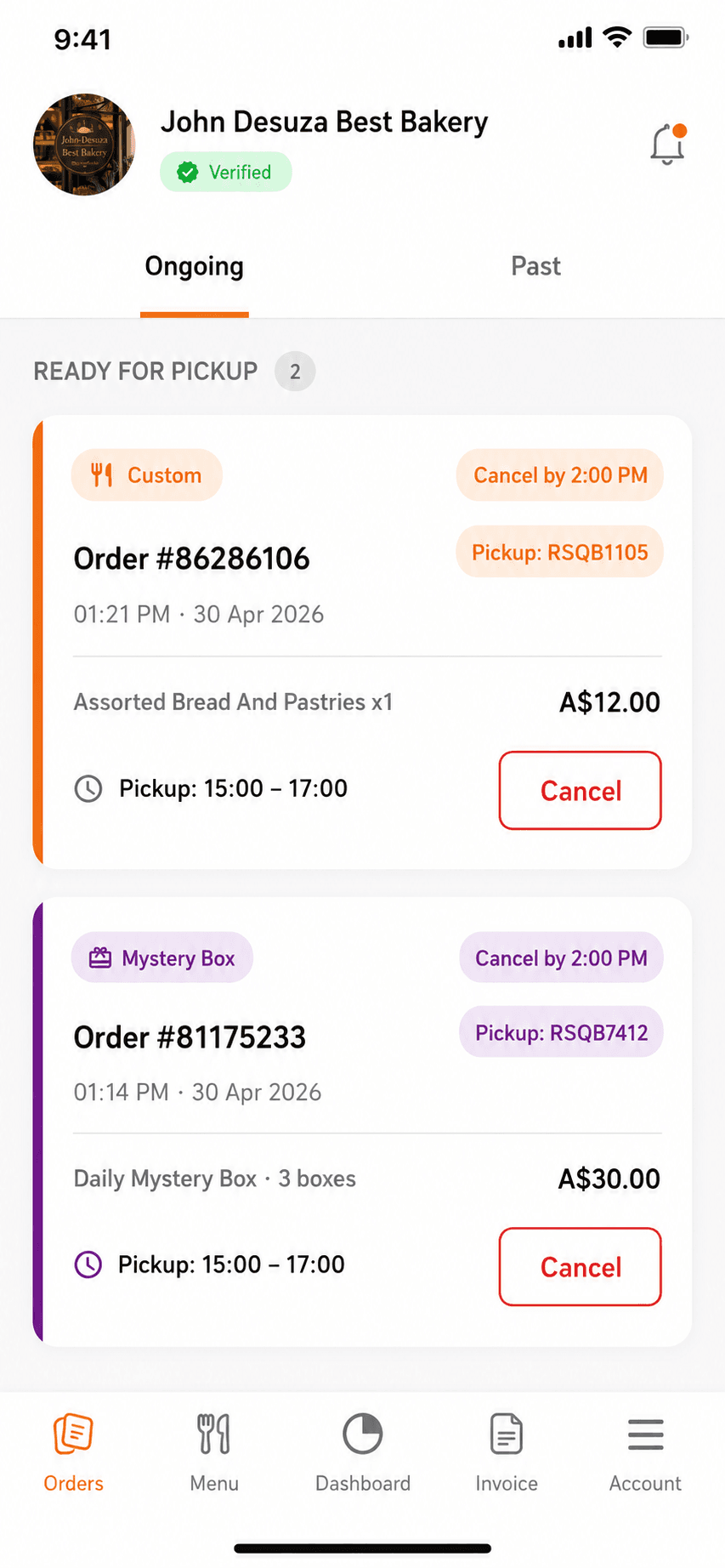 Restaurant app showing today's active orders ready for pickup